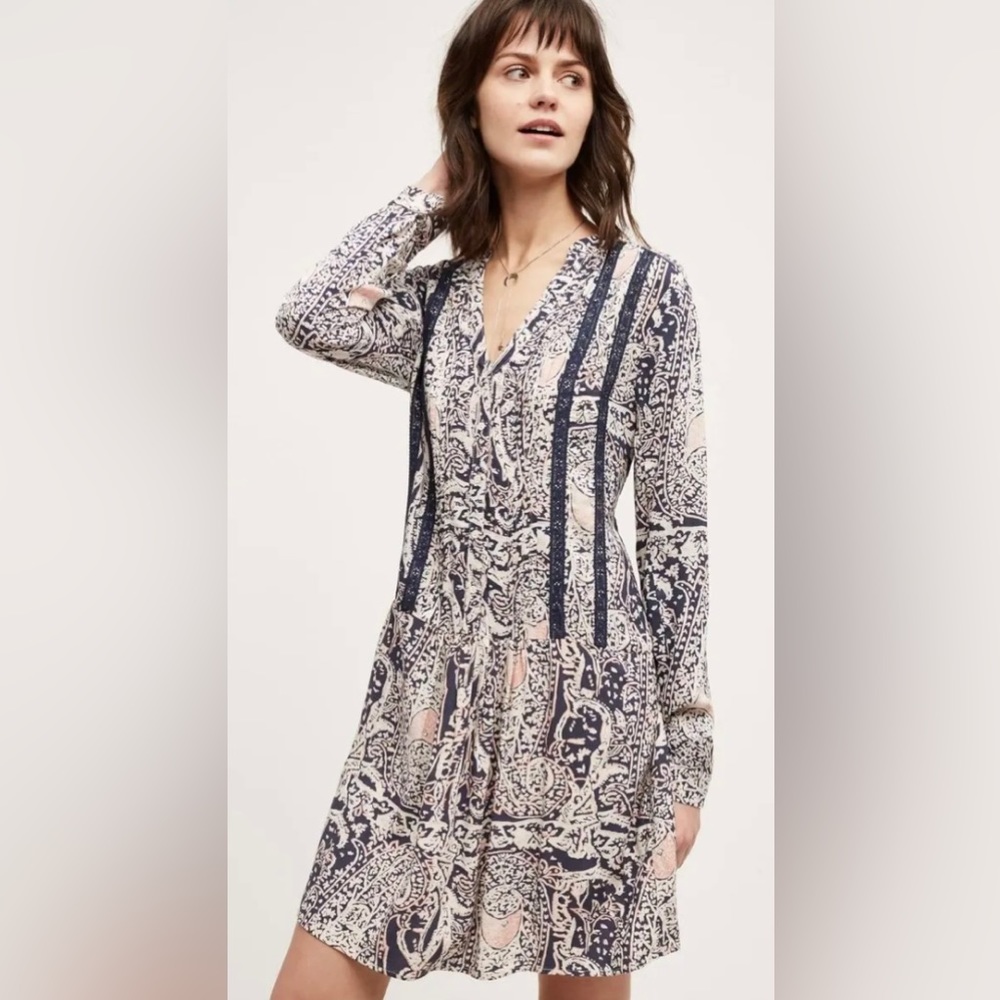 Anthropologie Tiny Caviana Paisley Boho Button Front Pintuck Lace Stripe Dress